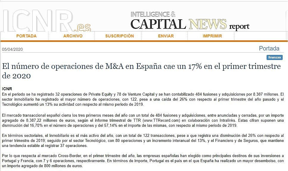 El nmero de operaciones de M&A en Espaa cae un 17% en el primer trimestre de 2020